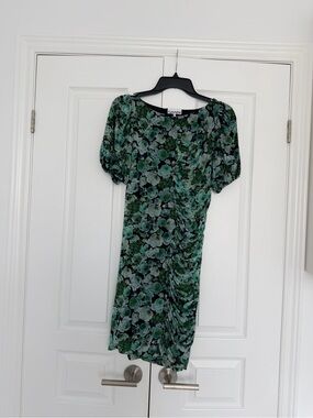 Ganni Green Floral Ruched Midi Dress with Puff Sleeves